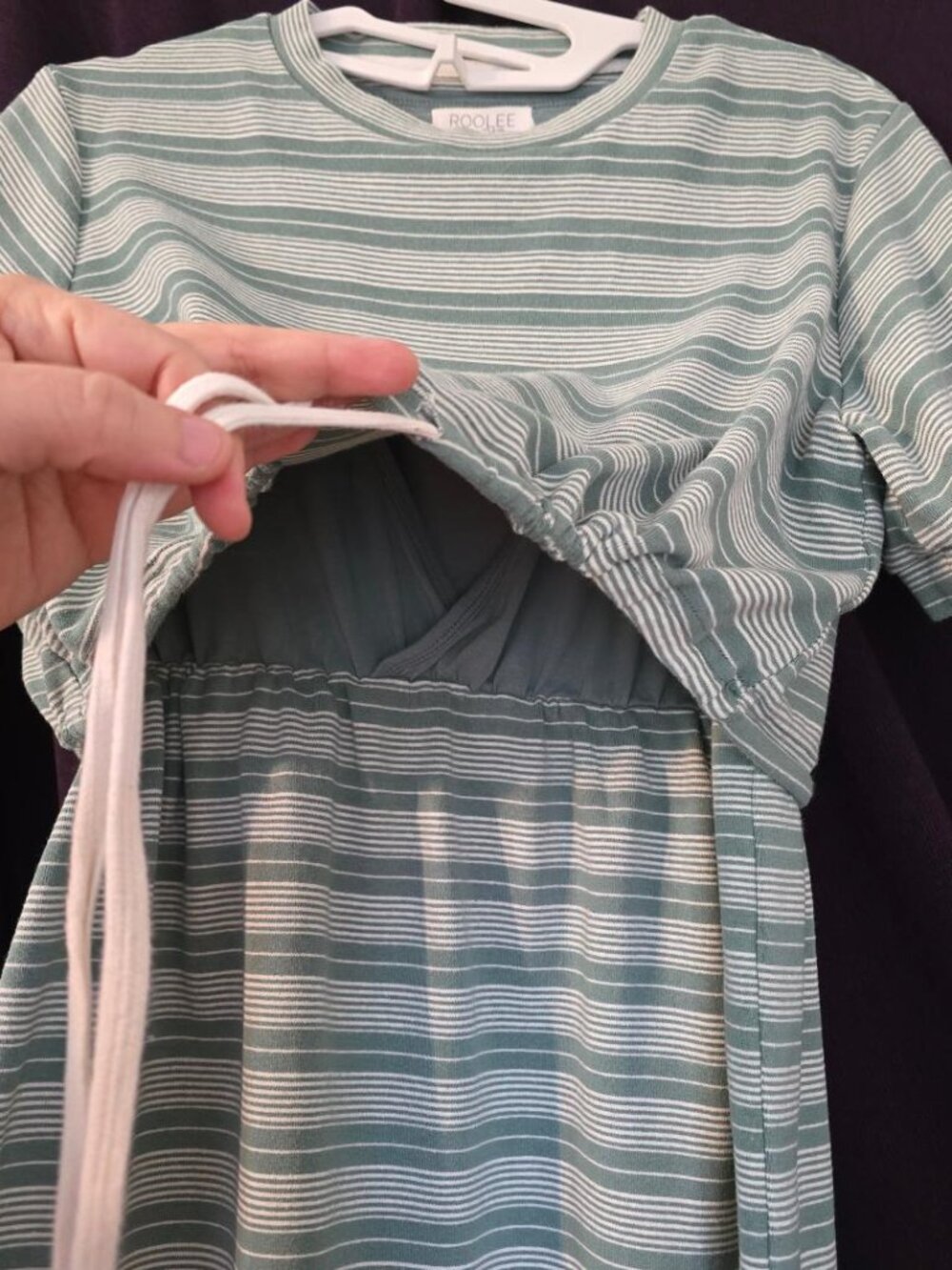 S Roolee Green & White Striped short-sleeve Nursing dress with drawstring waist